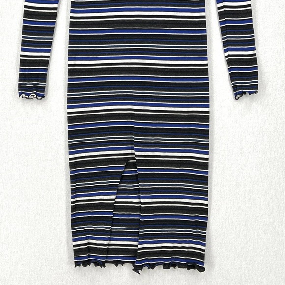 ENZA COSTA Dress Womens Medium Black Blue White Striped Long Sleeve V-neck Midi - Picture 5 of 13